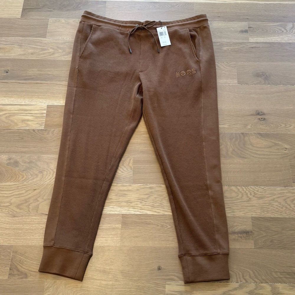 NWT MICHAEL KORS Men`s Sweatpants Waffle Knit Joggers Size XXL 2XL Brown Caramel